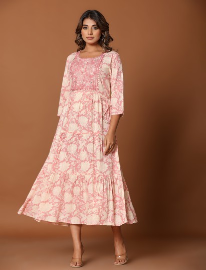 Pink cotton silk yoke kurti with floral aabla embroidery