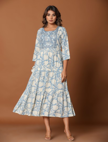 Stone blue cotton silk yoke kurti with aabla detailing