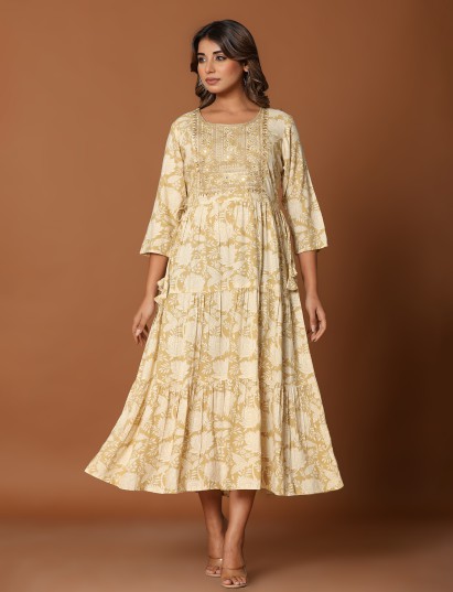 Beige cotton silk yoke kurti with aabla embroidery work