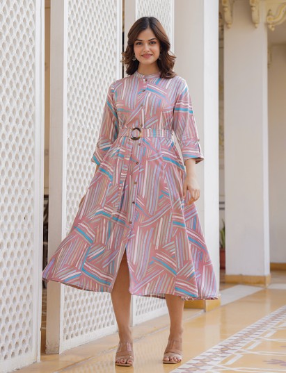 Dusty pink cotton silk printed kurti with belt detail