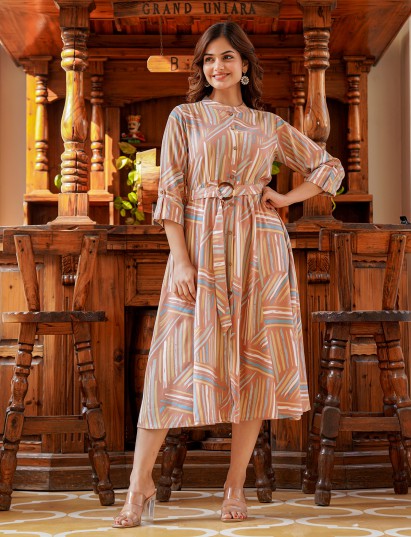 Dusty peach cotton silk kurti with printed belt styling