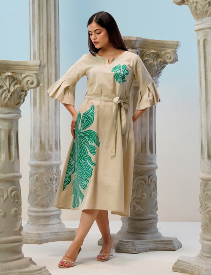 Beige cotton linen printed kurti with modern belt design