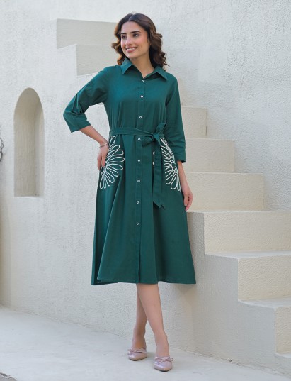 Green cotton silk kurti with white thread belt accent