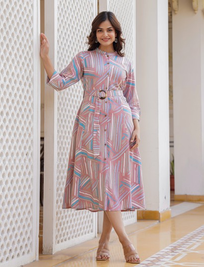 Onion pink cotton silk printed kurti with belt detail