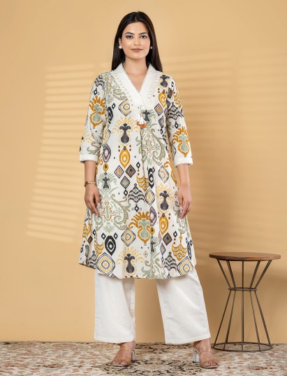 White silk printed kurti set with aabla neckline detailing