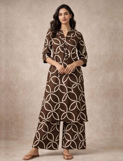 Brown silk printed kurti palazzo set with structured collar