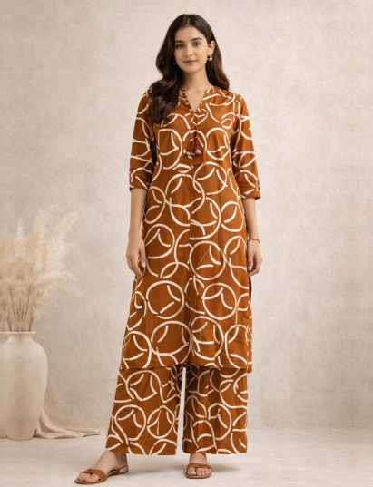 Rust orange silk festive printed kurti palazzo ensemble