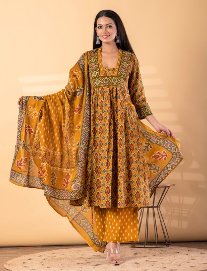 Mustard yellow silk yoke kurti set with mirror accents