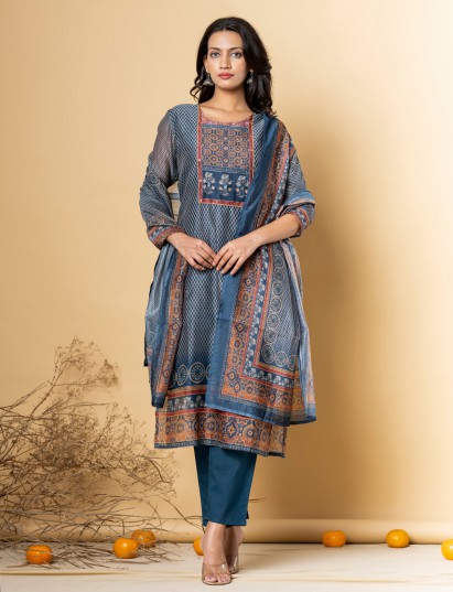 Blue silk straight kurti set with sequin cutdana detailing