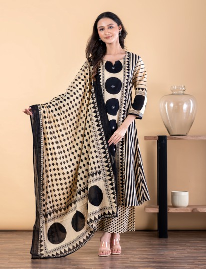 Cream black cotton silk kurti palazzo set with mirror detailing