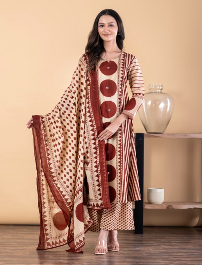 Cream maroon cotton silk kurti palazzo set with mirror accents