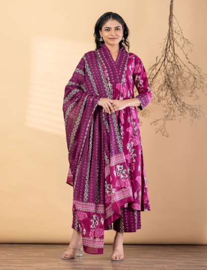 Purple silk festive printed kurti palazzo set with dupatta