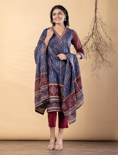 Blue maroon silk printed kurti set with tailored festive pants