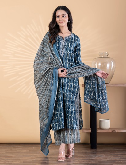 Blue silk kurti palazzo set with intricate aabla work
