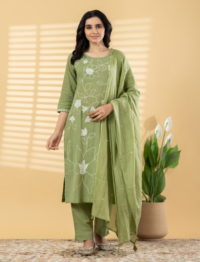 Pista green linen kurti set with subtle thread work