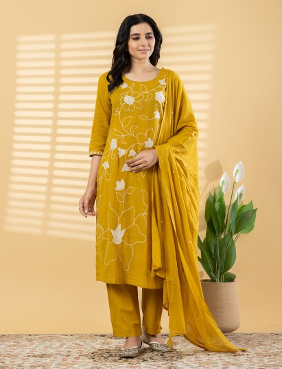 Mustard yellow linen kurti set with thread bead detailing