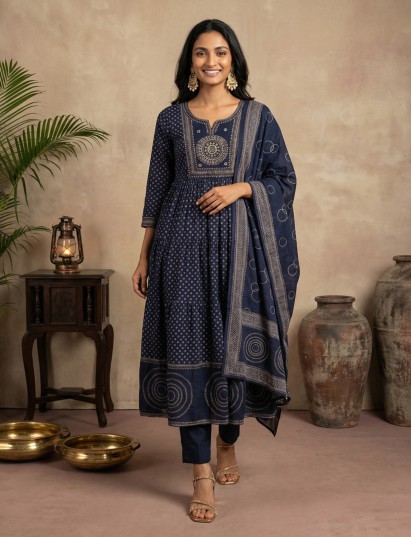 Navy cotton silk yoke kurti set with mirror embroidery