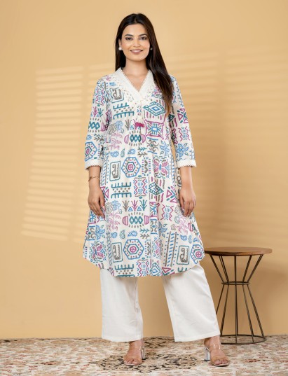 White cotton printed kurti palazzo set for everyday wear