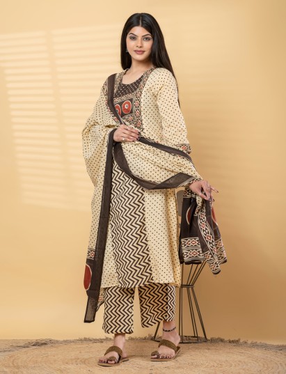 Cream brown cotton yoke kurti palazzo set with aabla accents