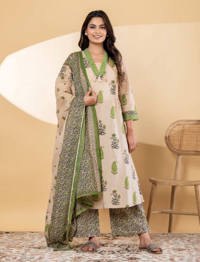 Beige cotton printed kurti palazzo set with matching dupatta