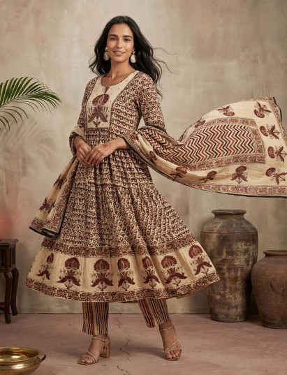 Beige maroon cotton silk yoke kurti set with thread detailing