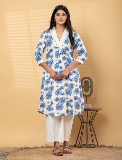 White cotton linen floral kurti palazzo set with aabla