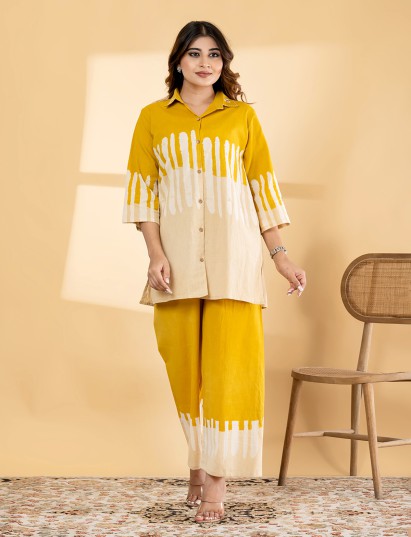 Mustard beige cotton printed co ord palazzo set