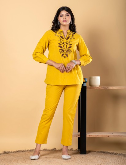 Mustard yellow cotton co ord set with thread work