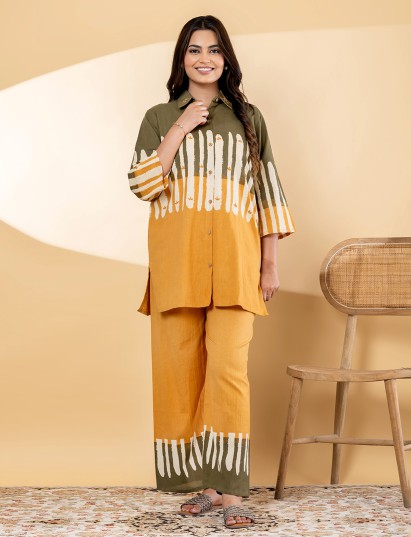 Mehendi green orange printed cotton co ord set