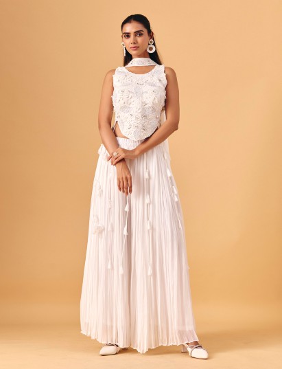 White georgette palazzo suit with intricate embellished artistry