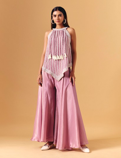 Pink crepe satin palazzo suit with gota detailing