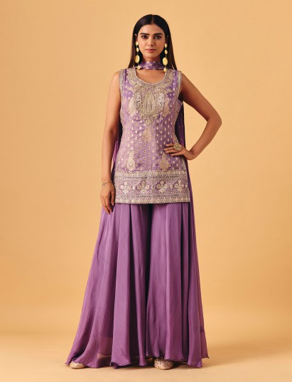 Lilac chiffon georgette palazzo suit with mirror detailing