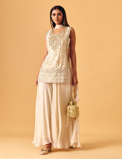 Cream chiffon georgette palazzo suit with intricate detailing