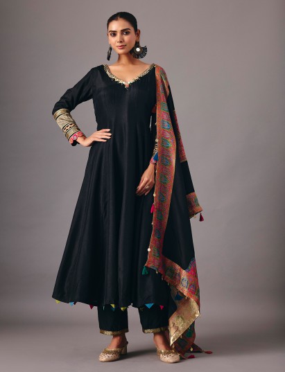 Black tissue silk anarkali suit with elegant embellishments