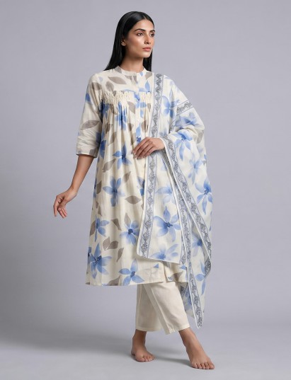 Off white silk kurti set with red floral prints