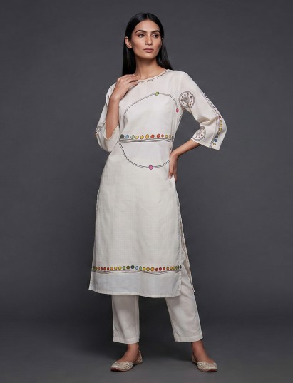 Off white cotton casual kurti set with sequin detailing