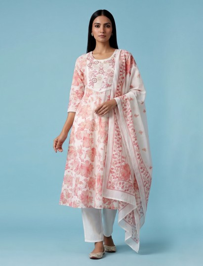 White cotton linen kurti set with red floral yoke