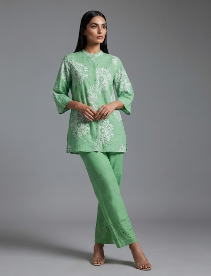 Mint green cotton co-ord set with floral cut work