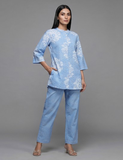 Mint blue cotton co-ord set with cut work detail