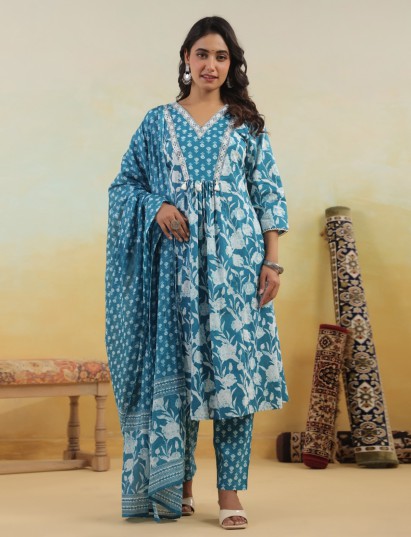 Aqua blue cotton yoke kurti set with embellished elegance