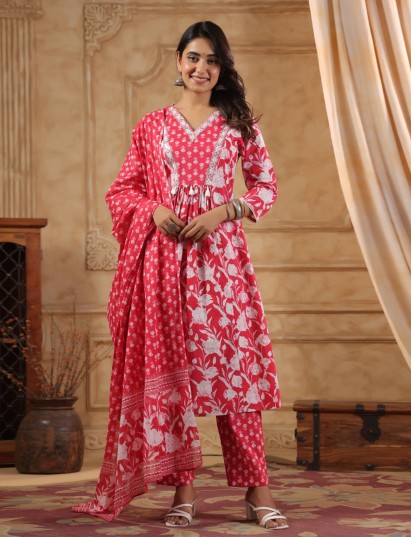 Pink cotton yoke kurti set with festive embellishments