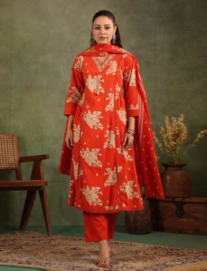 Red silk floral printed festive kurti set