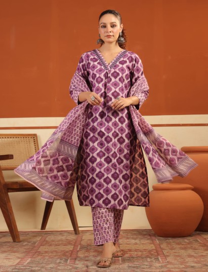 Purple silk floral printed festive kurti set
