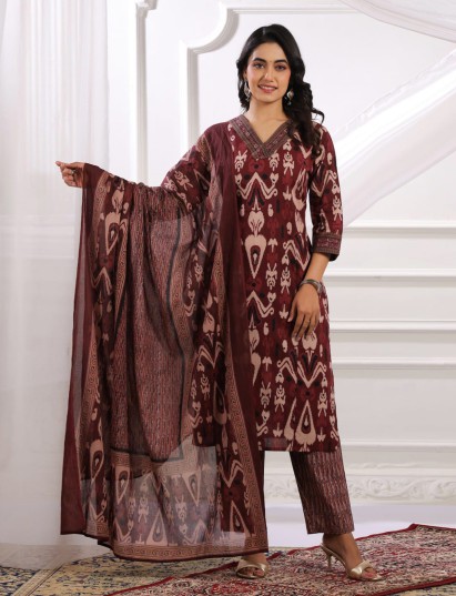 Maroon silk floral printed festive kurti set