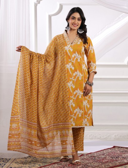 Mustard yellow silk kurti set with embroidered sequins work