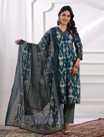 Blue silk floral printed festive kurti set