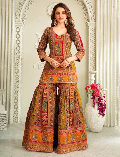 Pastel mehendi green silk sharara set with quarter sleeves for women