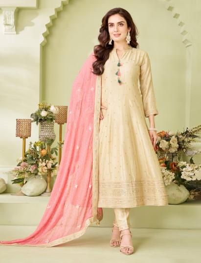 Cream silk salwar suit for women wedding wear