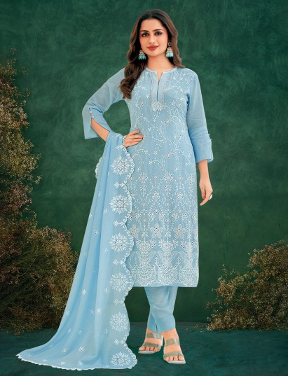 Blue mulmul salwar suit with thread work for women