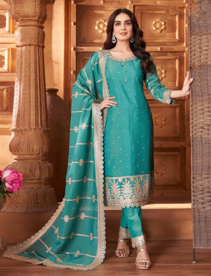 Sea green silk pakistani salwar suit for women
